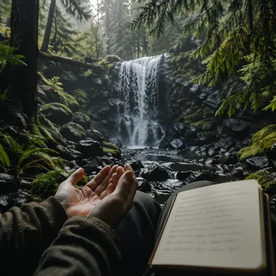 Prayerful Hands Beside Evergreen Forest Waterfall