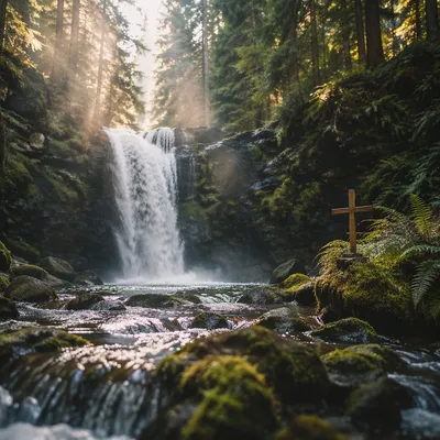 Evergreen Waterfall with Wooden Cross