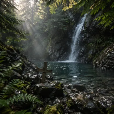 Hidden Forest Waterfall with Weathered Wooden Cross