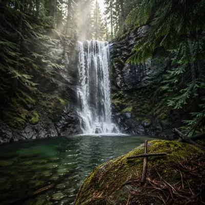 Evergreen Waterfall with Mossy Twig Cross