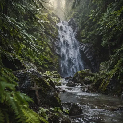Hidden Evergreen Waterfall with Wooden Cross