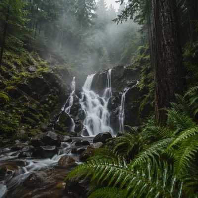 Tranquil Waterfall in Evergreen Forest