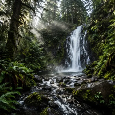 Hidden Evergreen Forest Waterfall at Dawn