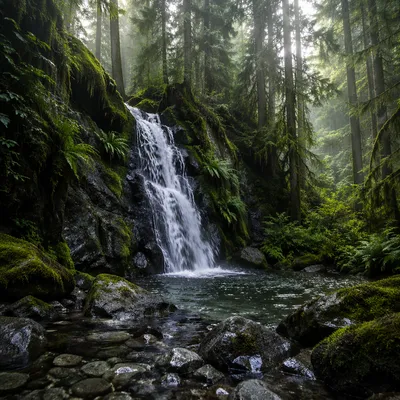 Misty Waterfall in Evergreen Rainforest