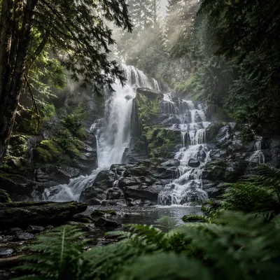 Peaceful Waterfall in Evergreen Forest