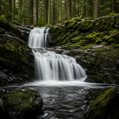 Serene Waterfall in Lush Evergreen Forest
