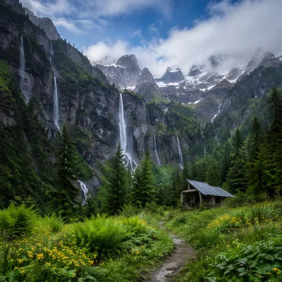 Evergreen Waterfalls in Misty Mountain Valley