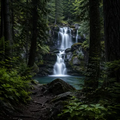 Secluded Waterfall in Evergreen Forest Trail