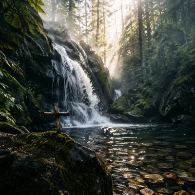 Prayerful Waterfall in Evergreen Forest