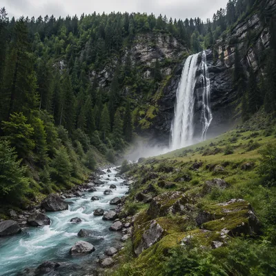 Evergreen Waterfall Valley with Glacial River
