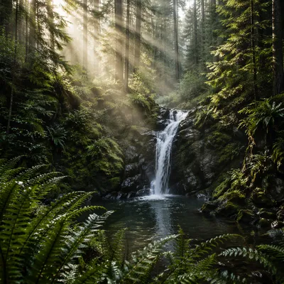 Peaceful Evergreen Forest Waterfall at Dawn