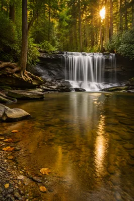 Peaceful Evergreen Forest Waterfall at Sunset