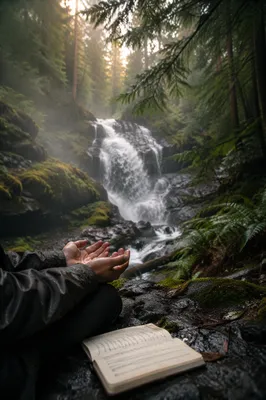 Prayer Beside Evergreen Forest Waterfall