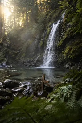 Hidden Evergreen Waterfall with Wooden Cross