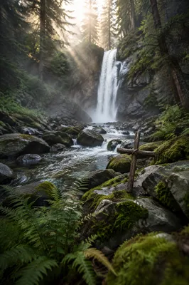 Evergreen Forest Waterfall with Wooden Cross