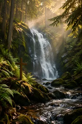 Evergreen Forest Waterfall With Wooden Cross
