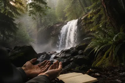 Prayerful Evergreen Waterfall in Morning Mist
