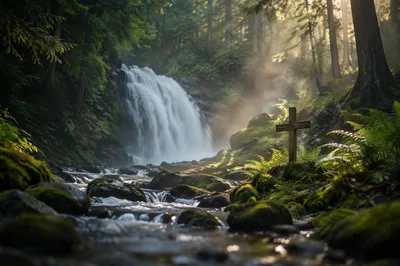 Secluded Evergreen Waterfall With Wooden Cross