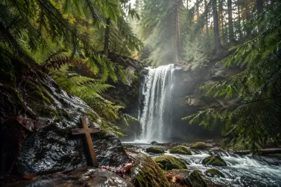 Hidden Evergreen Waterfall With Wooden Cross