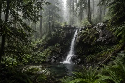 Misty Evergreen Forest Waterfall