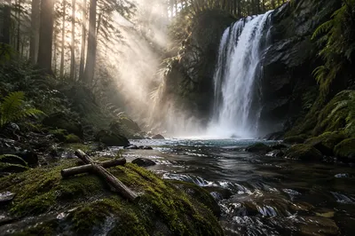 Peaceful Forest Waterfall with Wooden Cross