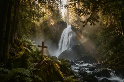 Evergreen Waterfall with Hidden Wooden Cross