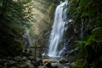 Hidden Forest Waterfall with Wooden Cross