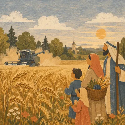 Golden Wheat Harvest with Distant Chapel