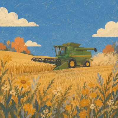 Golden Wheat Harvest with Green Combine