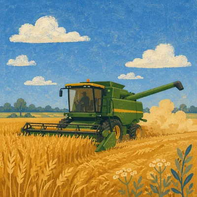 Golden Wheat Harvest with Green Combine