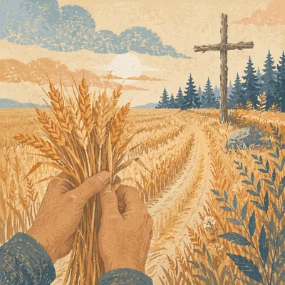 Golden Harvest Wheat Field with Wooden Cross