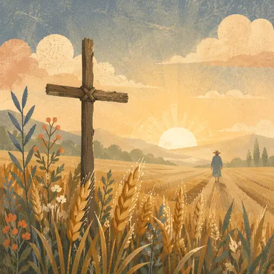 Golden Wheat Harvest Cross at Sunrise