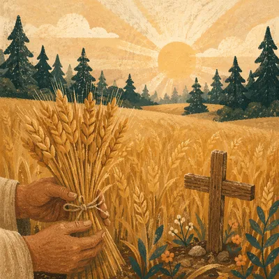 Golden Wheat Harvest with Evergreen Cross