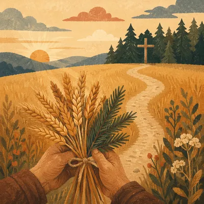 Golden Wheat Harvest with Evergreen Cross