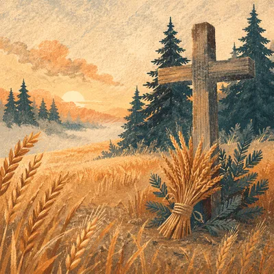 Golden Wheat Harvest Cross Among Evergreens