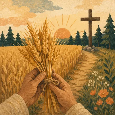 Golden Wheat Harvest Beside Evergreen Cross