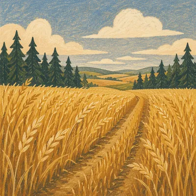Golden Wheat Harvest by Evergreen Trees