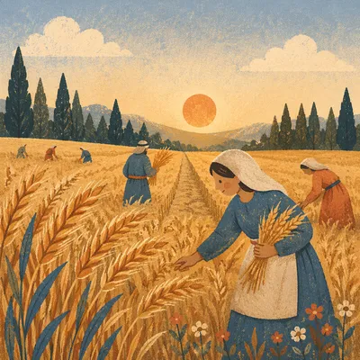 Golden Wheat Field with Evergreen Horizon