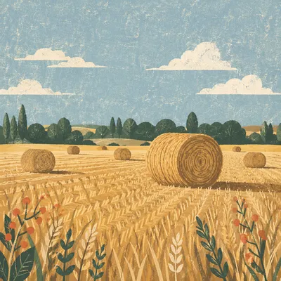 Golden Wheat Harvest Field with Hay Bales