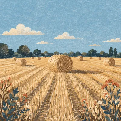 Golden Wheat Harvest Field with Hay Bales