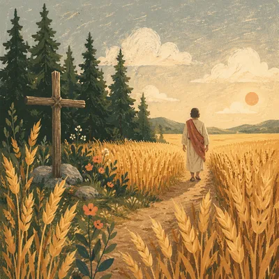 Golden Wheat Harvest with Evergreen Cross