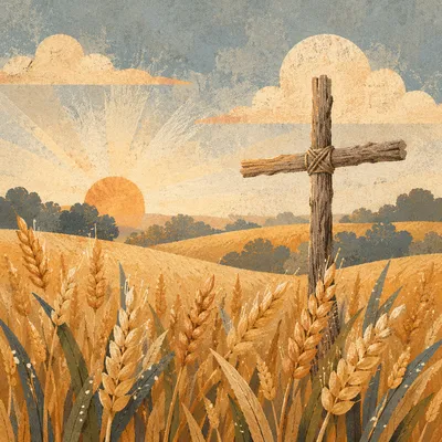 Golden Wheat Field Cross at Sunrise