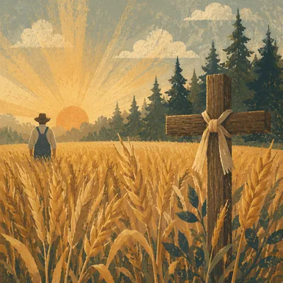 Golden Harvest Field with Evergreen Cross