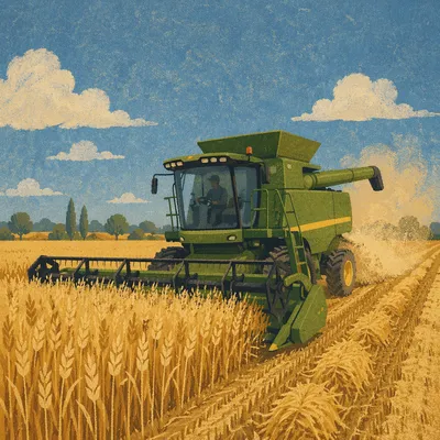 Golden Wheat Harvest With Green Combine Harvester