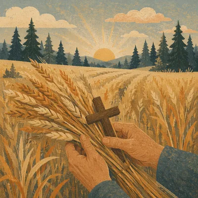 Golden Wheat Harvest with Evergreen Pines