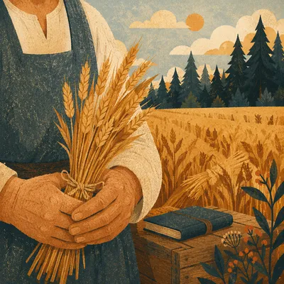 Golden Wheat Harvest by Evergreen Pines