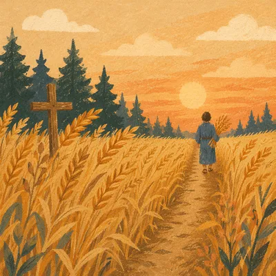 Golden Wheat Harvest with Evergreen Cross