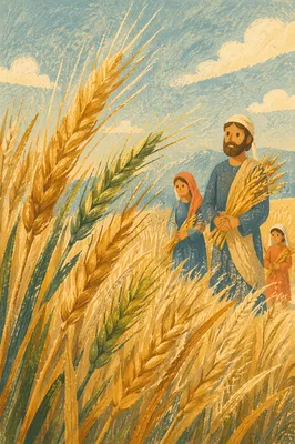Golden Wheat Harvest with Evergreen Accents