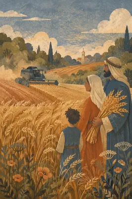 Golden Wheat Harvest with Distant Chapel