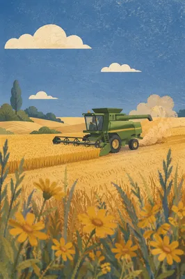 Golden Wheat Harvest with Green Combine